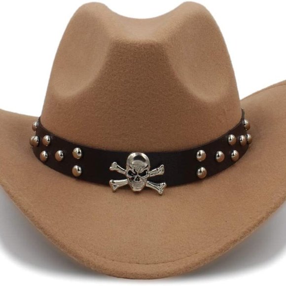 Camel, Light Brown, Western Skull Cowboy, Cowgirl Hat, Men Women Retro Wide Brim - Picture 1 of 5